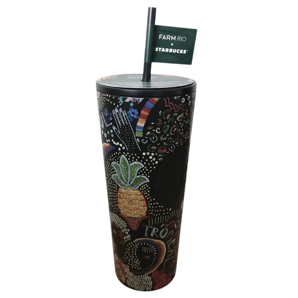 STARBUCKS x FARM RIO Summer 2025 24oz black tropical rainbow cold tumbler NEW